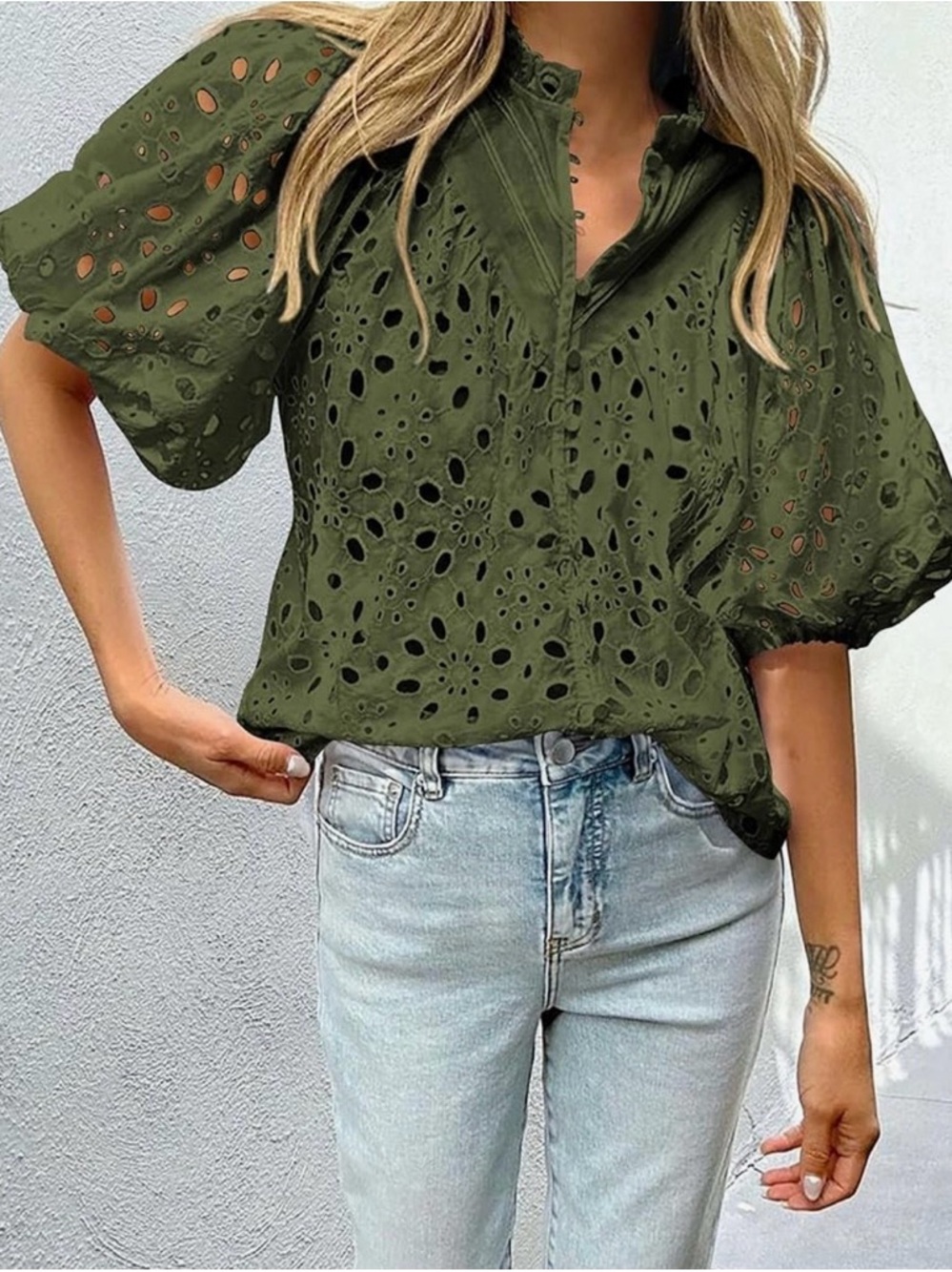 Eyelet Puff Sleeve Top in Olive Green